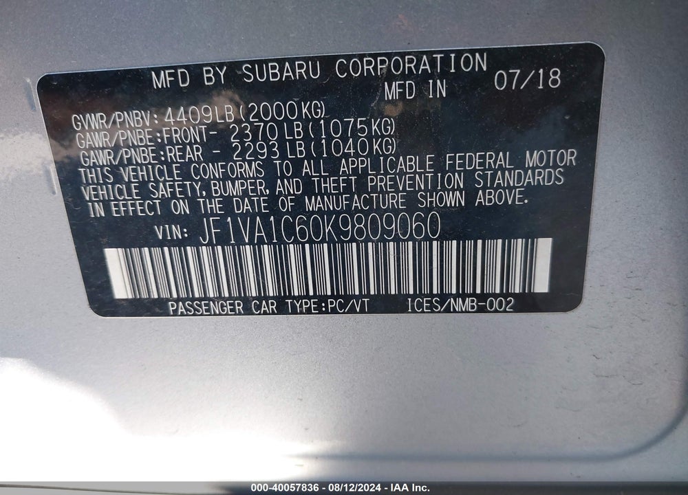 2019 SUBARU WRX PREMIUM VIN: JF1VA1C60K9809060