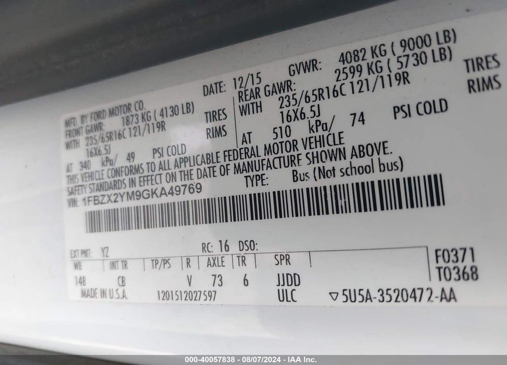 2016 FORD TRANSIT-350 XLT VIN: 1FBZX2YM9GKA49769