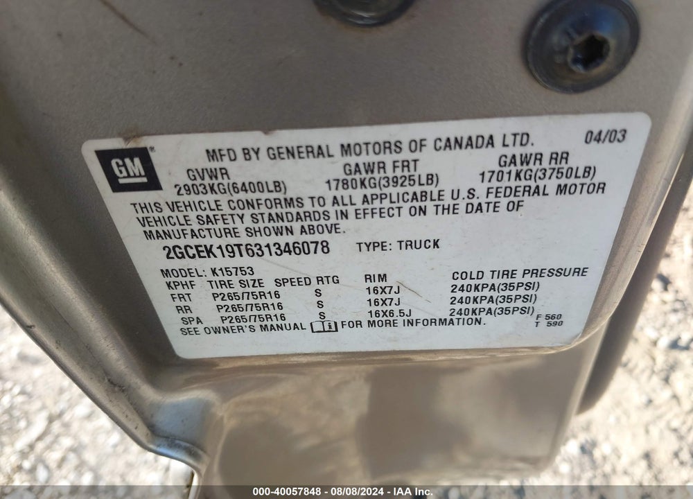 2003 CHEVROLET SILVERADO 1500 LS VIN: 2GCEK19T631346078
