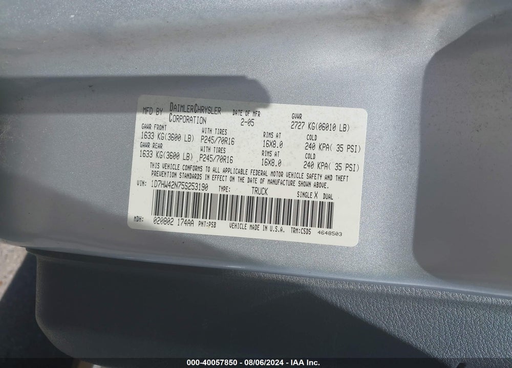 2005 DODGE DAKOTA SLT VIN: 1D7HW42N75S253190