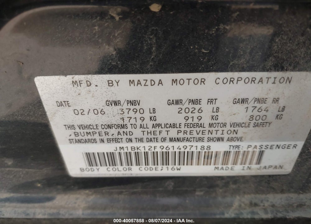 2006 MAZDA 3 I VIN: JM1BK12F961497188