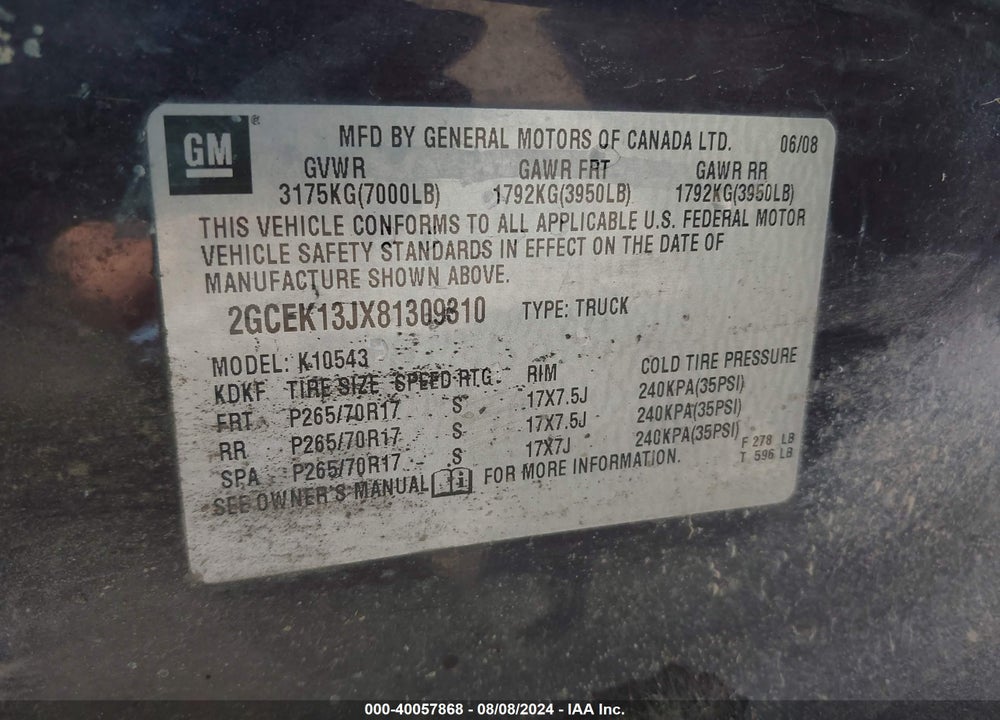 2008 CHEVROLET SILVERADO 1500 LT1 VIN: 2GCEK13JX81309310