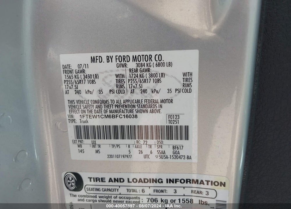 2011 FORD F-150 XLT VIN: 1FTEW1CM6BFC16038