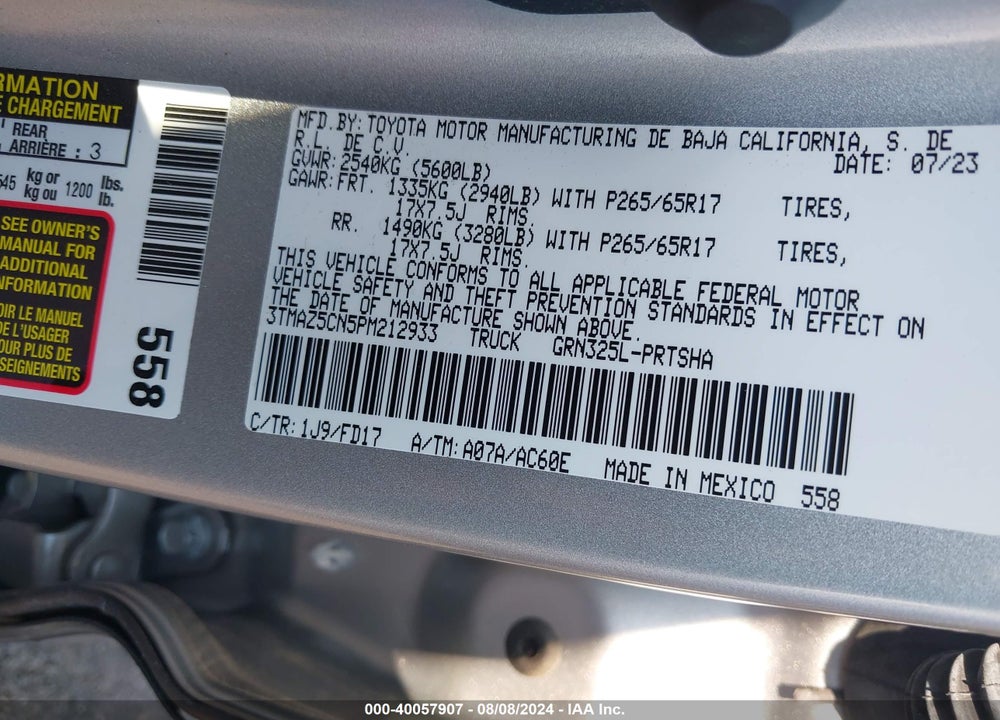 2023 TOYOTA TACOMA TRD SPORT VIN: 3TMAZ5CN5PM212933