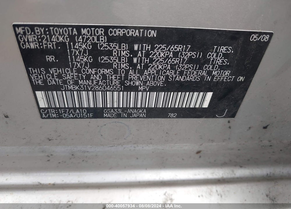 2008 TOYOTA RAV4 LIMITED V6 VIN: JTMBK31V286046551