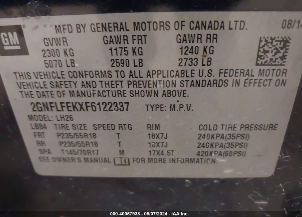 2015 CHEVROLET EQUINOX 1LT VIN: 2GNFLFEKXF6122337