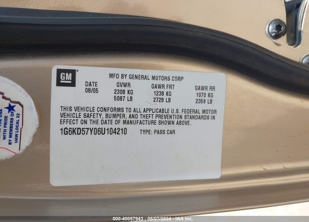 2006 CADILLAC DTS STANDARD VIN: 1G6KD57Y06U104210