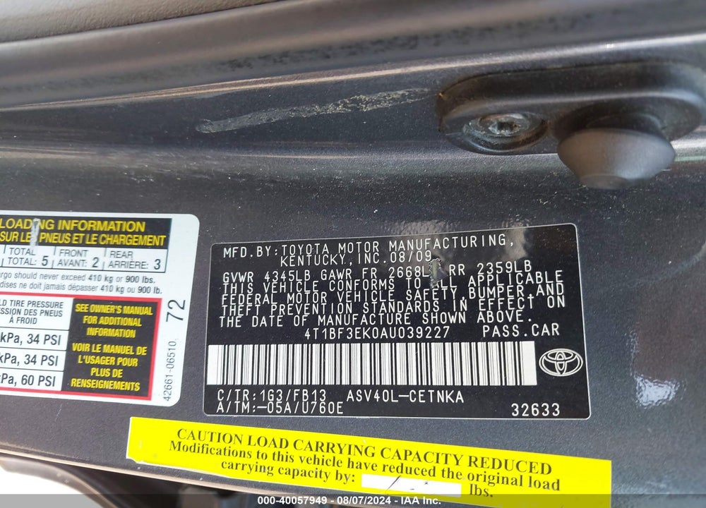 2010 TOYOTA CAMRY VIN: 4T1BF3EK0AU039227