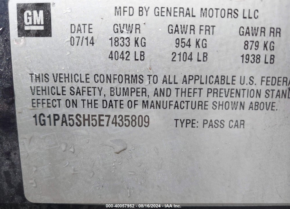 2014 CHEVROLET CRUZE LS AUTO VIN: 1G1PA5SH5E7435809