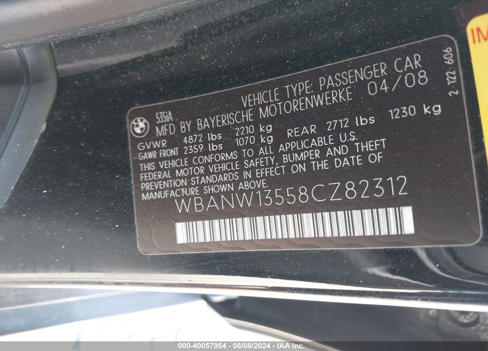 2008 BMW 535I VIN: WBANW13558CZ82312