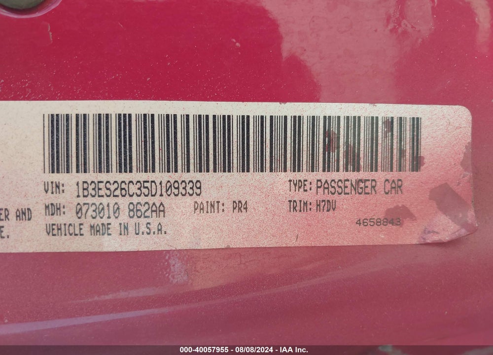 2005 DODGE NEON SE VIN: 1B3ES26C35D109339