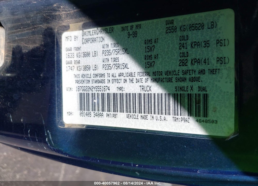 2000 DODGE DAKOTA SLT/SPORT VIN: 1B7GG22N2YS551674
