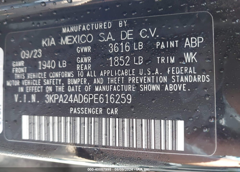 2023 KIA RIO LX VIN: 3KPA24AD6PE616259