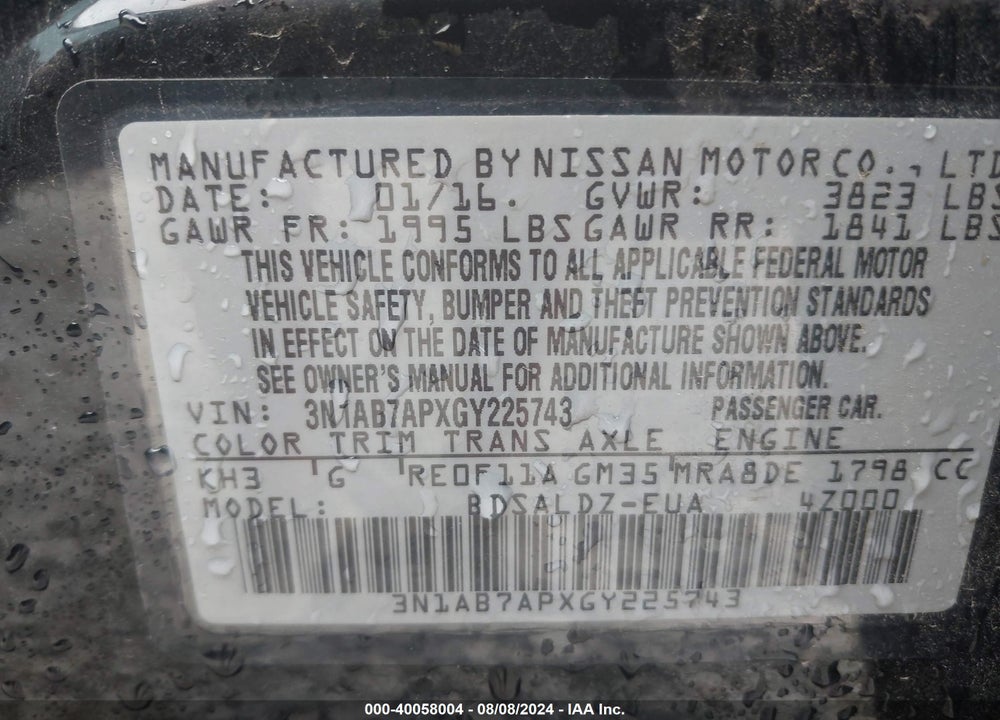 2016 NISSAN SENTRA SV VIN: 3N1AB7APXGY225743