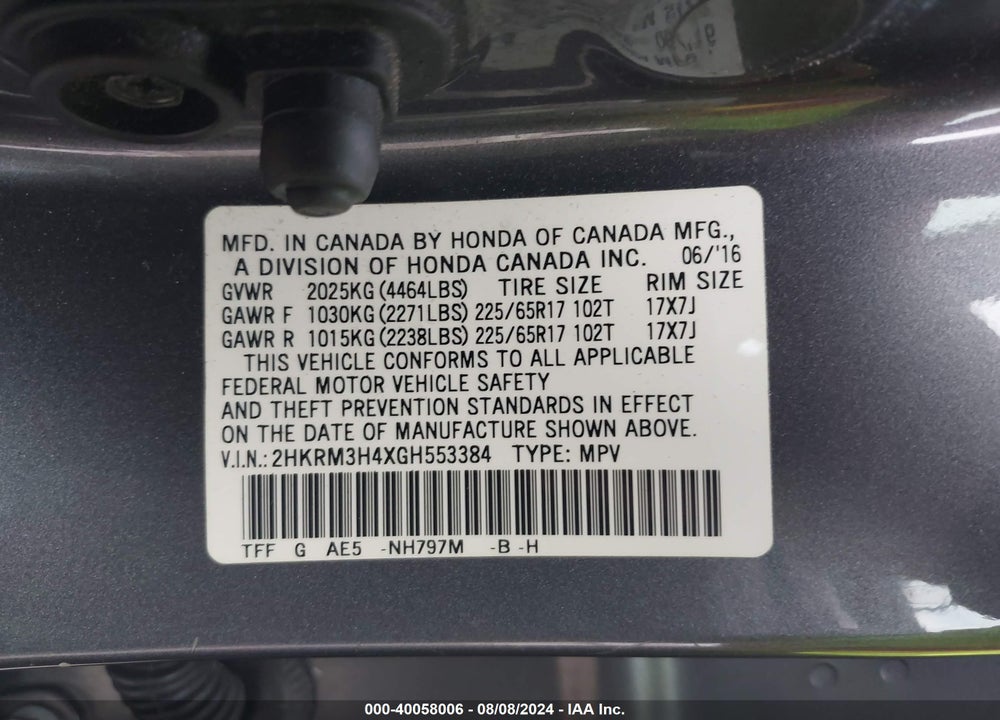 2016 HONDA CR-V SE VIN: 2HKRM3H4XGH553384