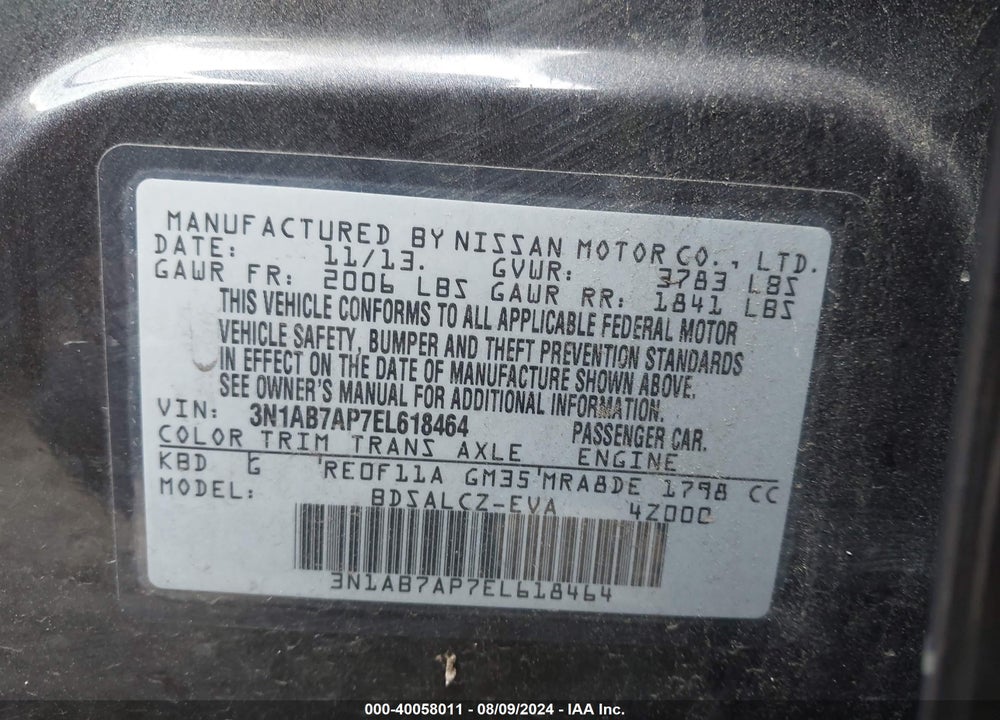 2014 NISSAN SENTRA S VIN: 3N1AB7AP7EL618464