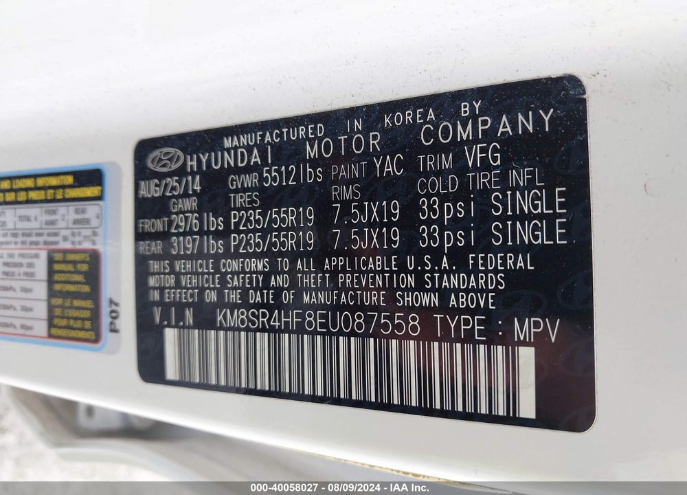 2014 HYUNDAI SANTA FE LIMITED VIN: KM8SR4HF8EU087558