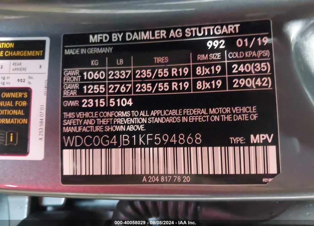 2019 MERCEDES-BENZ GLC 300 VIN: WDC0G4JB1KF594868