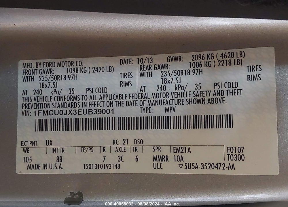 2014 FORD ESCAPE TITANIUM VIN: 1FMCU0JX3EUB39001