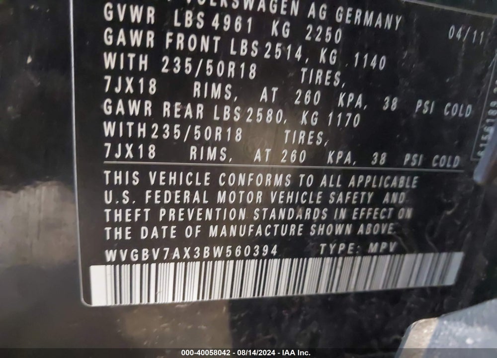2011 VOLKSWAGEN TIGUAN SE VIN: WVGBV7AX3BW560394