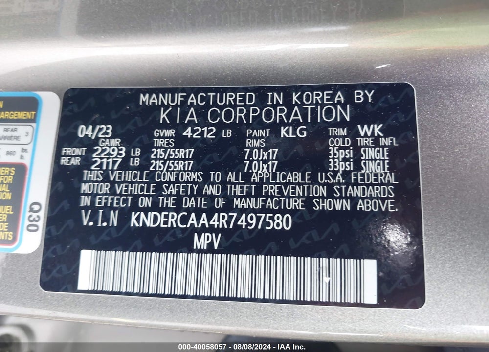 2024 KIA SELTOS EX VIN: KNDERCAA4R7497580