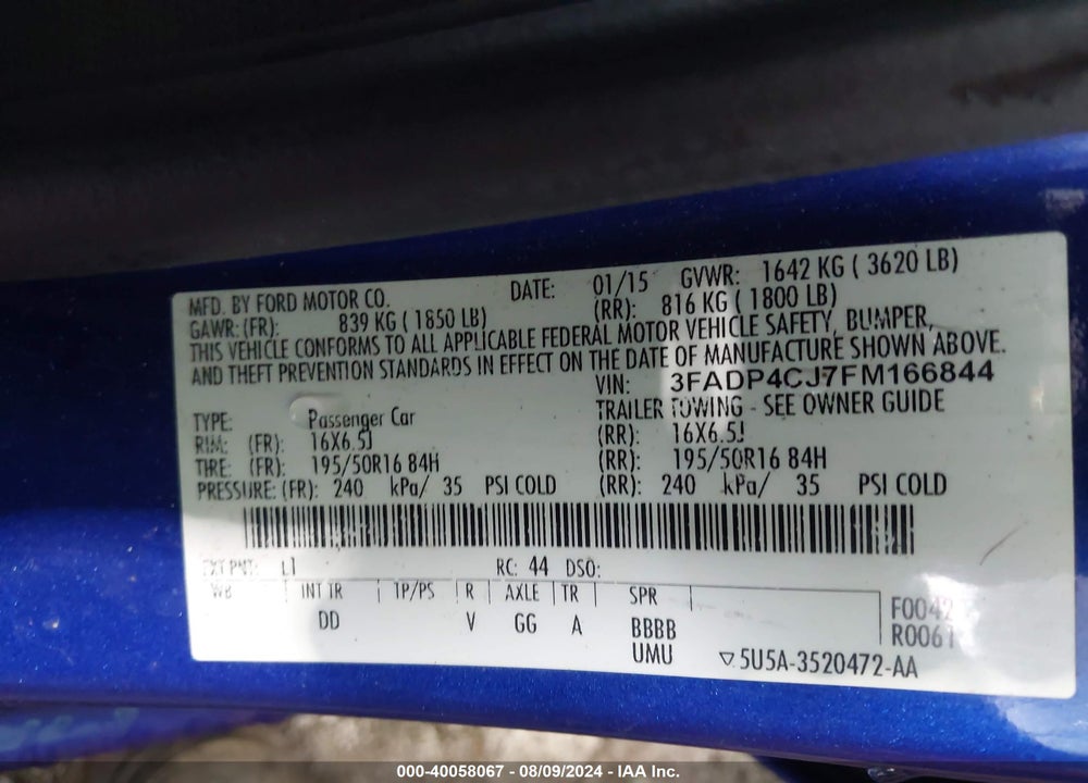 2015 FORD FIESTA TITANIUM VIN: 3FADP4CJ7FM166844