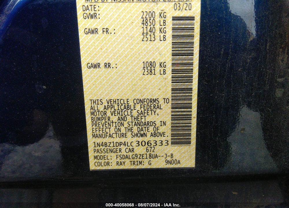 2020 NISSAN LEAF SL PLUS 62 KWH VIN: 1N4BZ1DP4LC306333