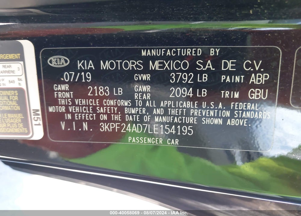 2020 KIA FORTE LXS VIN: 3KPF24AD7LE154195