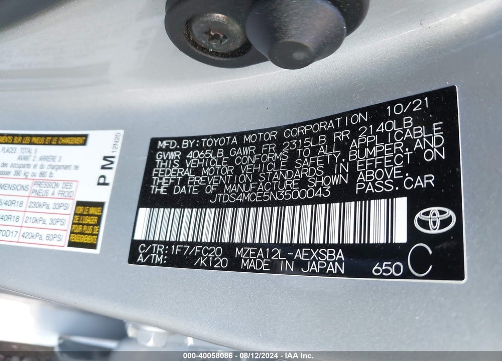 2022 TOYOTA COROLLA SE VIN: JTDS4MCE5N3500043