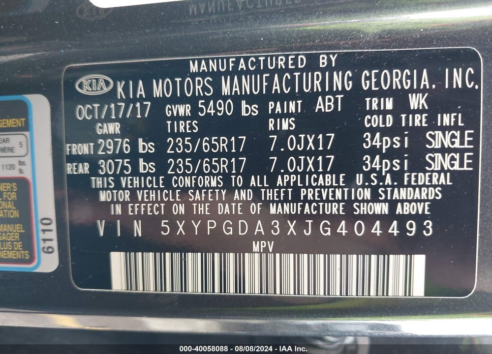 2018 KIA SORENTO 2.4L LX VIN: 5XYPGDA3XJG404493