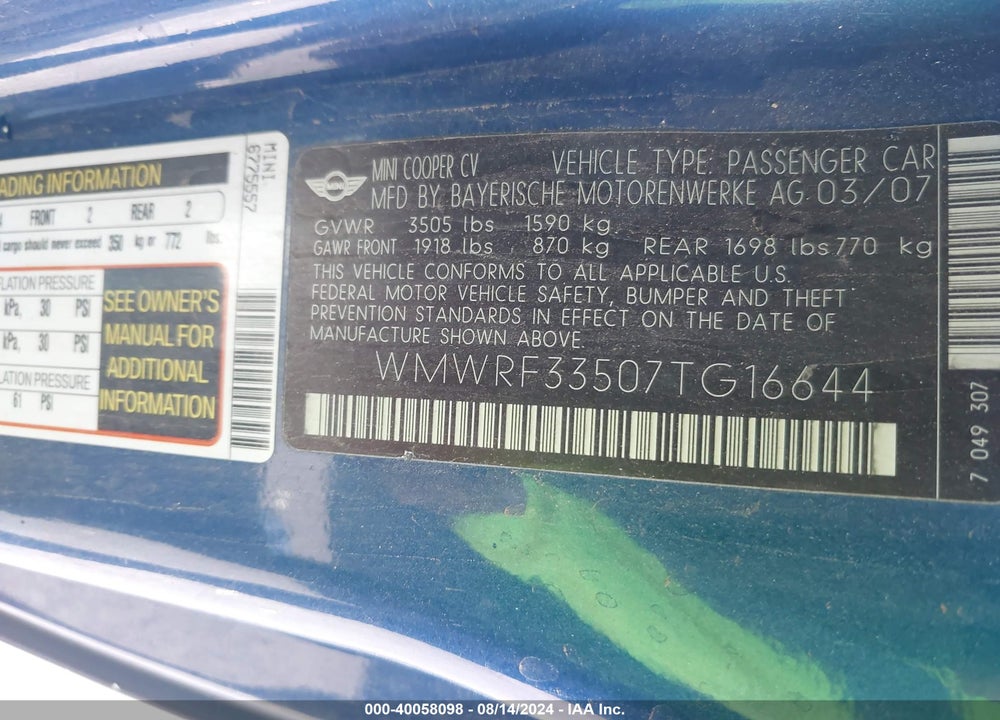 2007 MINI COOPER VIN: WMWRF33507TG16644