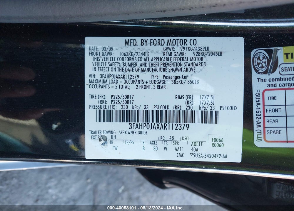 2010 FORD FUSION SEL VIN: 3FAHP0JAXAR112379