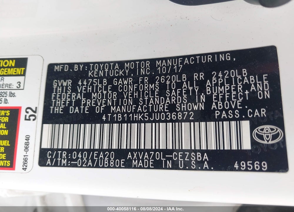 2018 TOYOTA CAMRY SE VIN: 4T1B11HK5JU036872