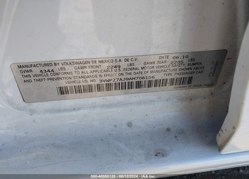2010 VOLKSWAGEN JETTA SE VIN: 3VWPZ7AJ9AM706156