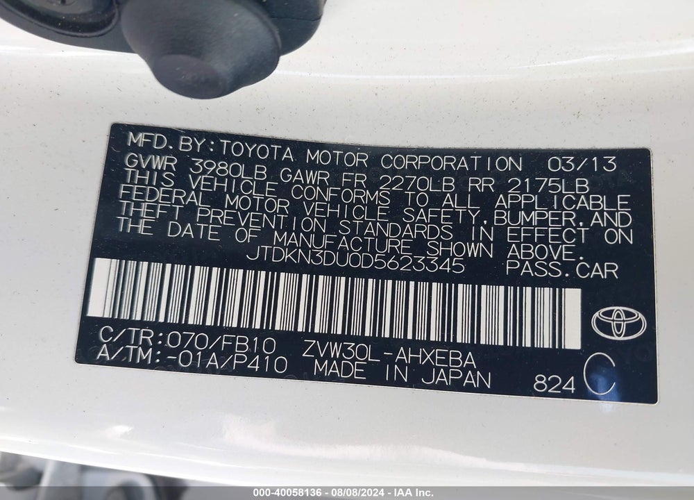 2013 TOYOTA PRIUS TWO VIN: JTDKN3DU0D5623345