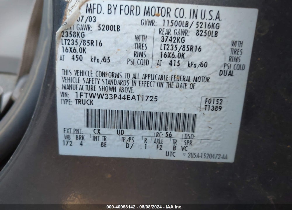 2004 FORD F-350 LARIAT/XL/XLT VIN: 1FTWW33P44EA11725