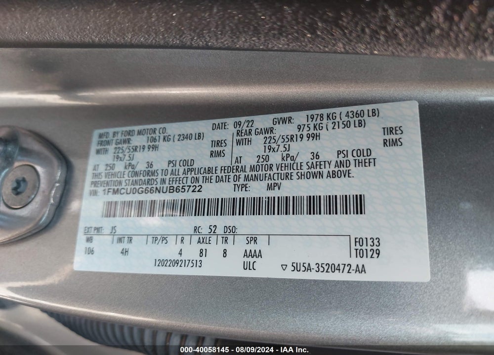 2022 FORD ESCAPE SE VIN: 1FMCU0G66NUB65722