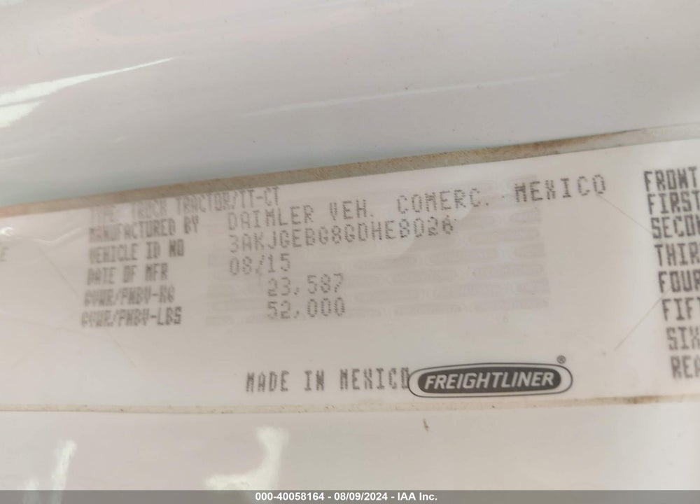 2016 FREIGHTLINER CASCADIA 125 VIN: 3AKJGEBG8GDHE8026