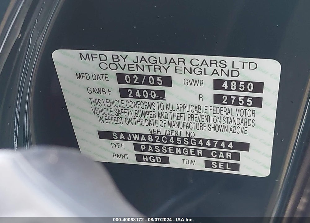 2005 JAGUAR XJ VANDEN PLAS VIN: SAJWA82C45SG44744