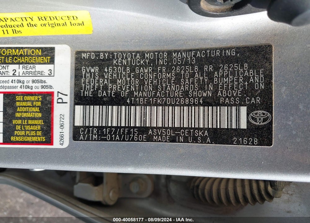 2013 TOYOTA CAMRY SE VIN: 4T1BF1FK7DU268964