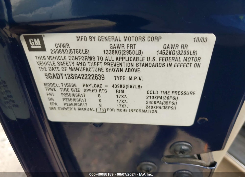 2004 BUICK RAINIER CXL VIN: 5GADT13S642222839