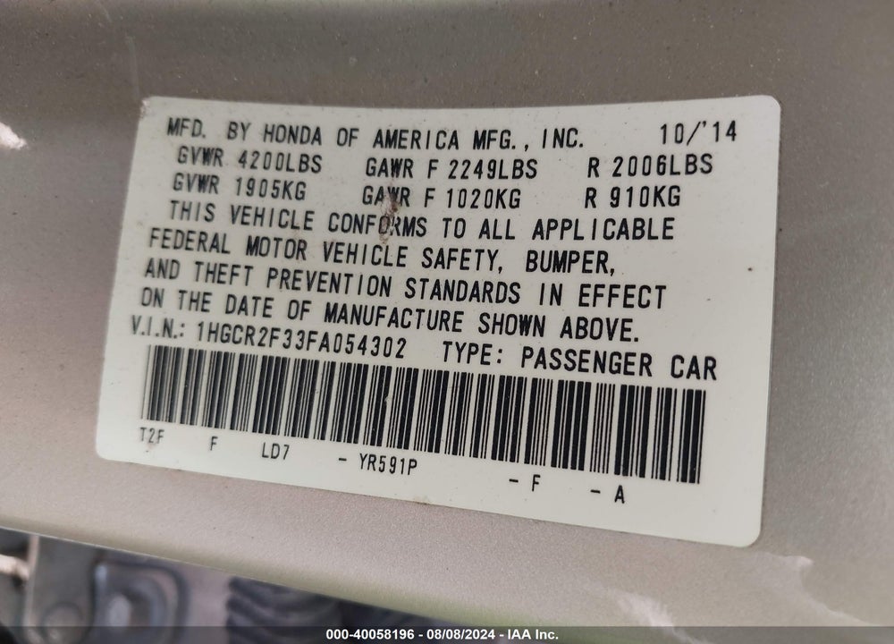 2015 HONDA ACCORD LX VIN: 1HGCR2F33FA054302