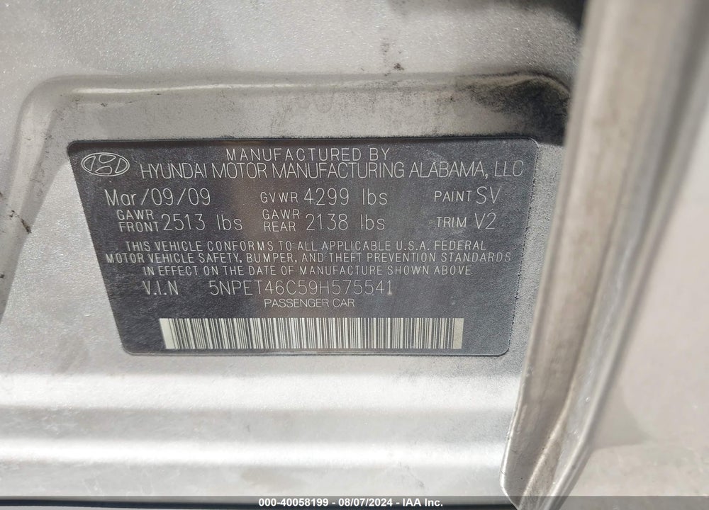 2009 HYUNDAI SONATA GLS VIN: 5NPET46C59H575541