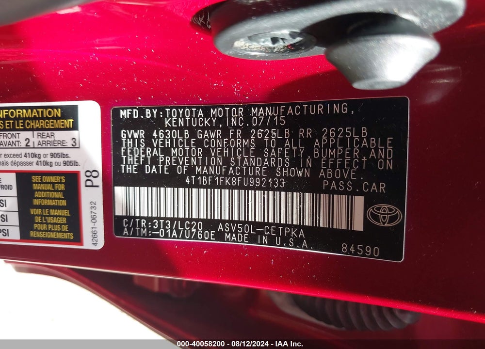 2015 TOYOTA CAMRY XSE VIN: 4T1BF1FK8FU992133