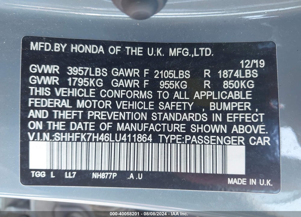2020 HONDA CIVIC SPORT VIN: SHHFK7H46LU411864