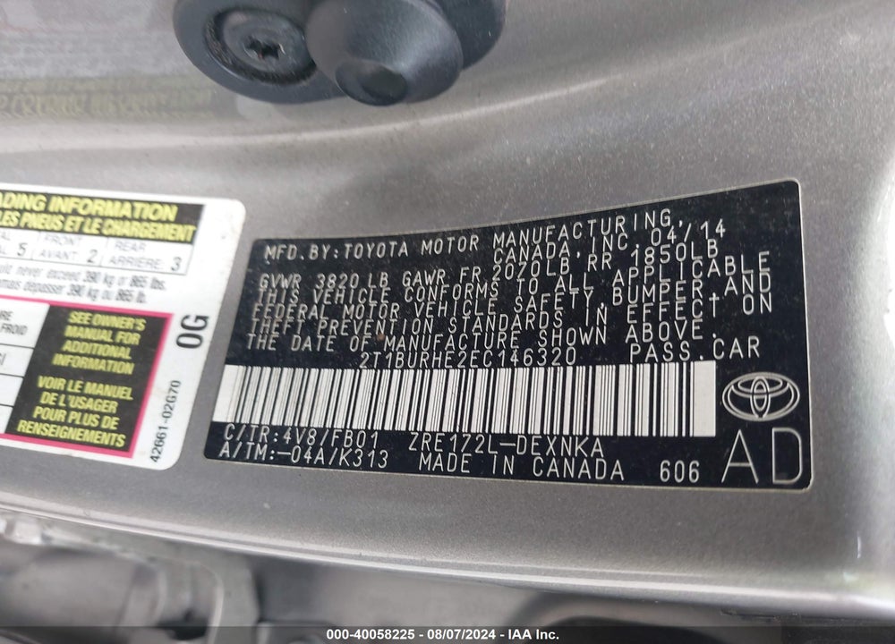 2014 TOYOTA COROLLA LE VIN: 2T1BURHE2EC146320