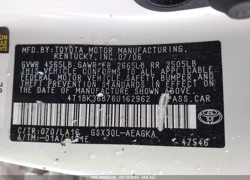 2006 TOYOTA AVALON VIN: 4T1BK36B76U162962