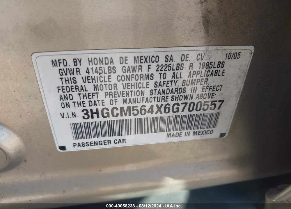 2006 HONDA ACCORD 2.4 LX VIN: 3HGCM564X6G700557
