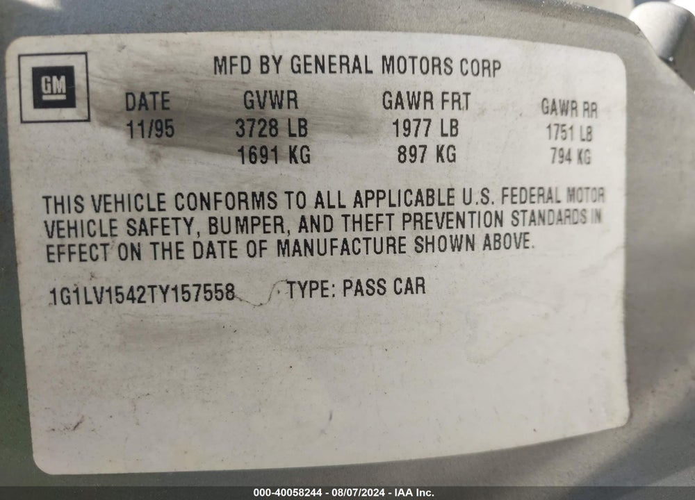 1996 CHEVROLET BERETTA VIN: 1G1LV1542TY157558