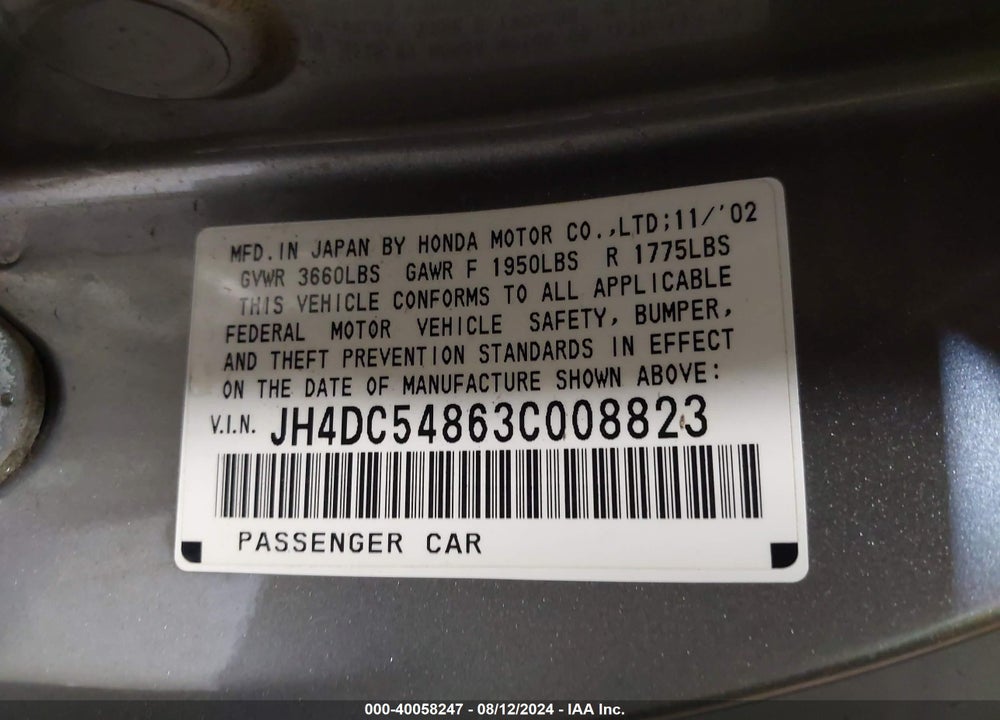 2003 ACURA RSX VIN: JH4DC54863C008823